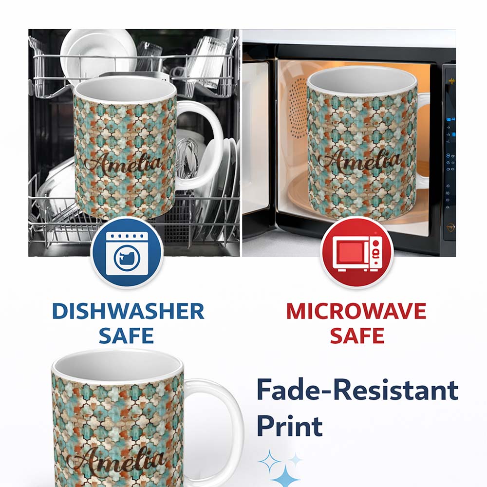 Personalized Custom Name Abstract Moroccan Tile Watercolor Seamless Pattern Rustic Artistic 11oz Ceramic Coffee Tea Mug White Large Handle