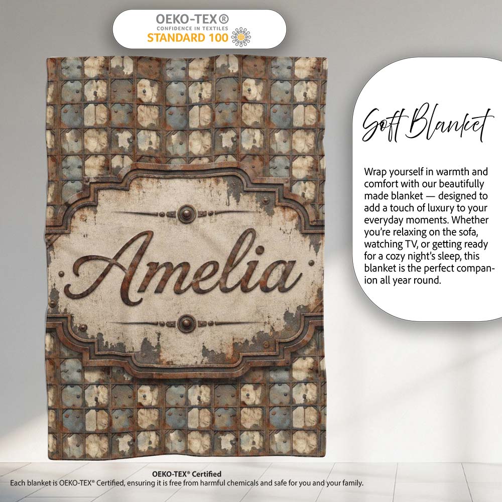Distressed Metal Panel Grid Seamless Pattern Vintage Industrial Personalised Custom Name Super Soft Fleece Blanket Bed Sofa Throw