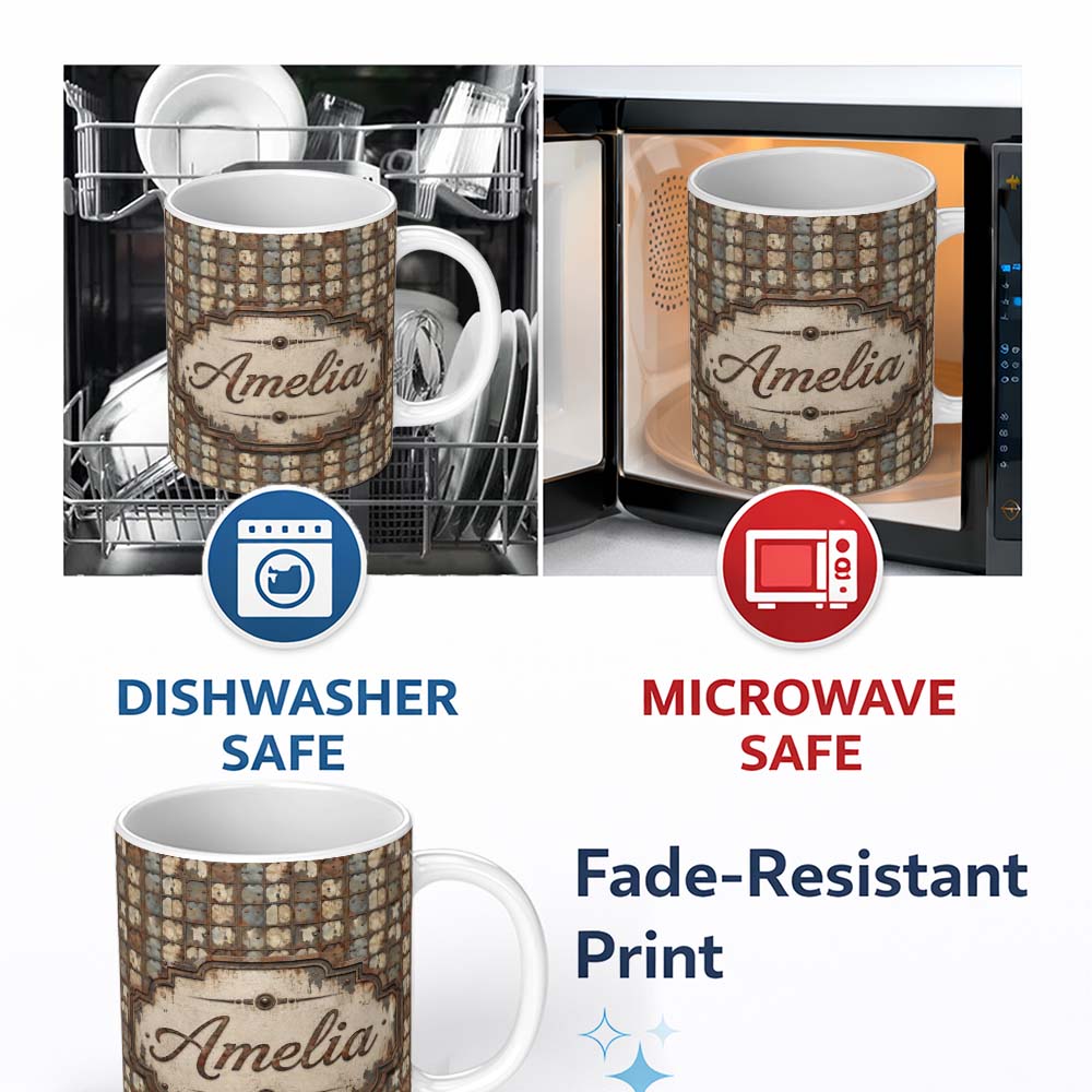 Personalized Custom Name Distressed Metal Panel Grid Seamless Pattern Vintage Industrial 11oz Ceramic Coffee Tea Mug White Large Handle