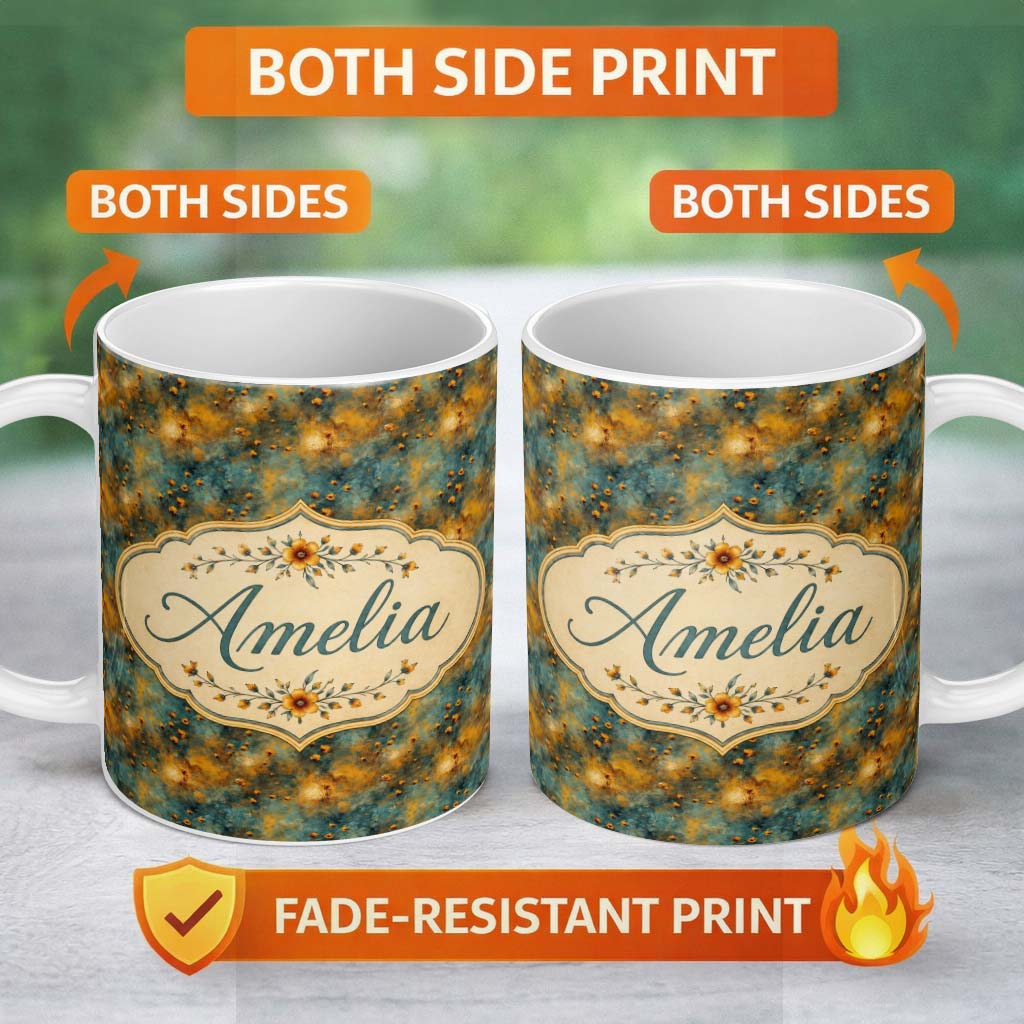 Personalized Custom Name Abstract Floral Grunge Texture Seamless Pattern Artistic Vintage 11oz Ceramic Coffee Tea Mug White Large Handle