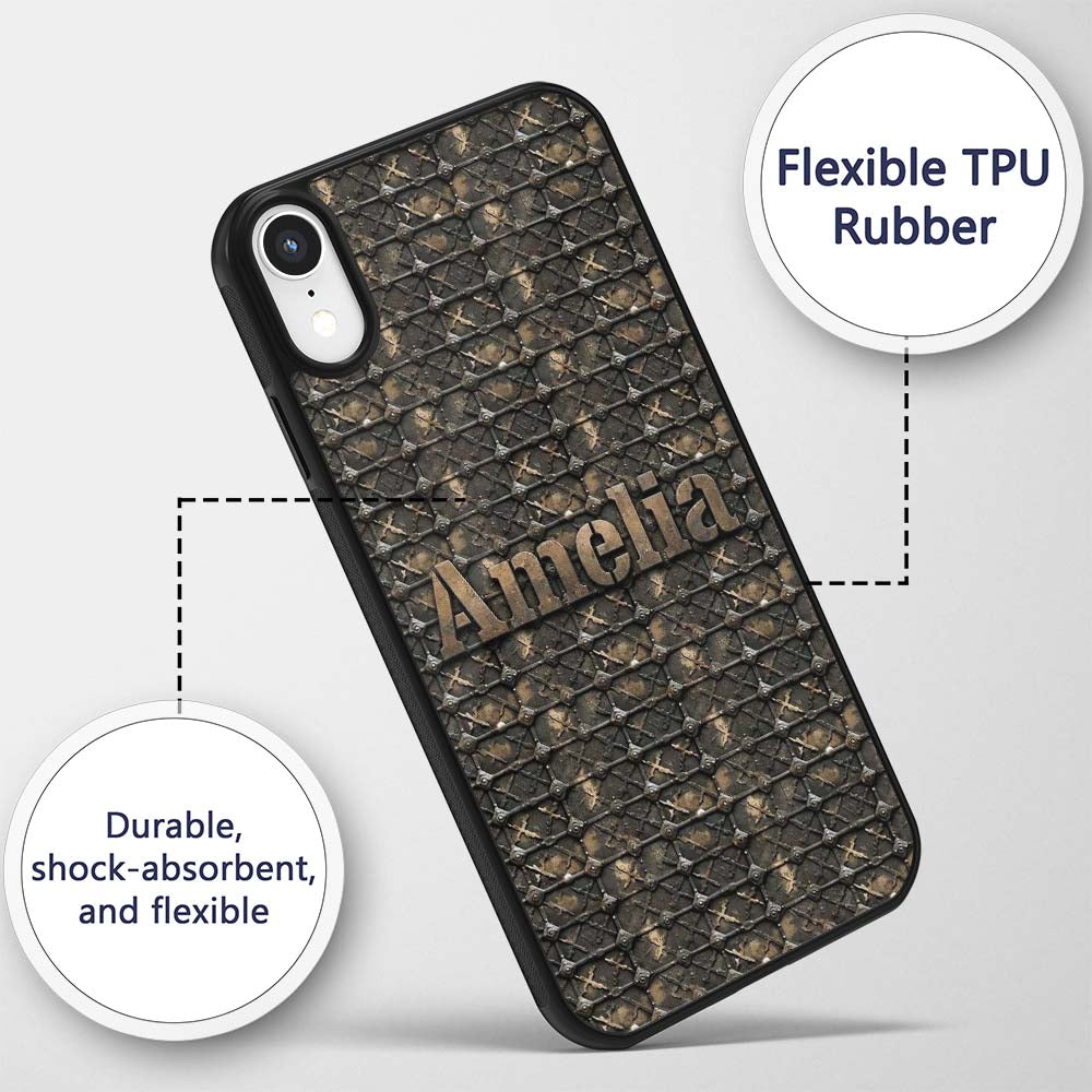 Dark Riveted Metal Grid Seamless Printed Design Custom Name Protective Phone Case Mobile Cover Durable Everyday Smartphone Shock Resistant