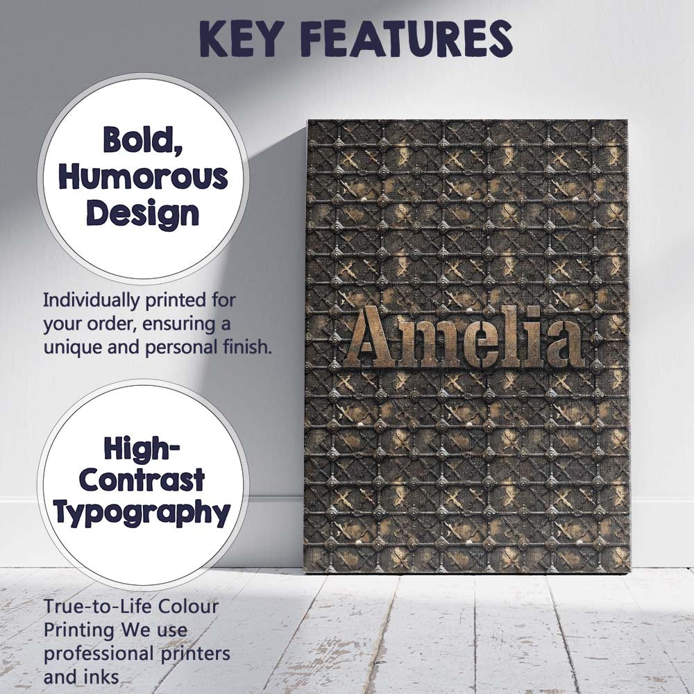 Personalised Name Dark Riveted Metal Grid Custom Unique Gift Idea Elegant Feature Canvas Wall Art Print Decor Picture Ready to Hang