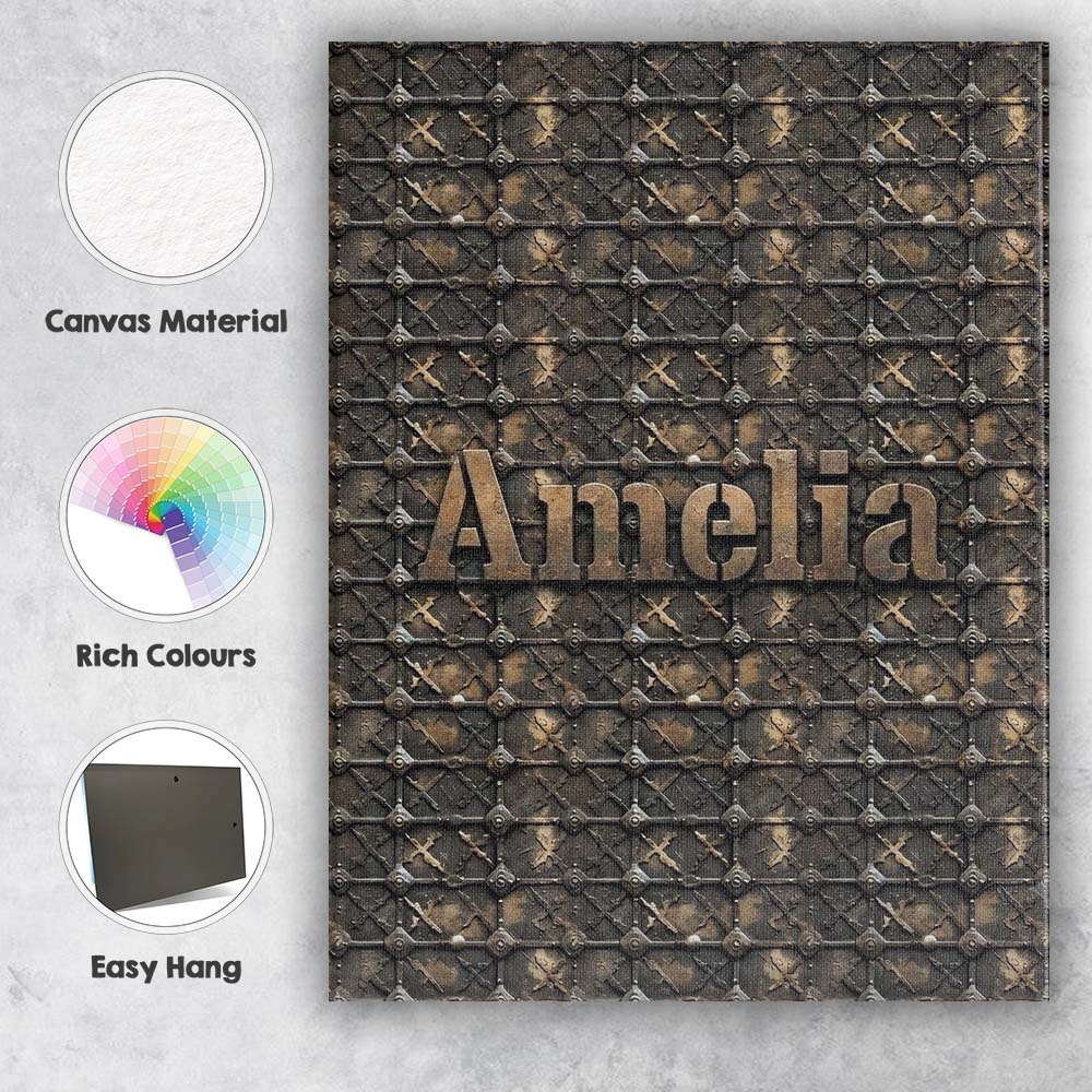 Personalised Name Dark Riveted Metal Grid Custom Unique Gift Idea Elegant Feature Canvas Wall Art Print Decor Picture Ready to Hang