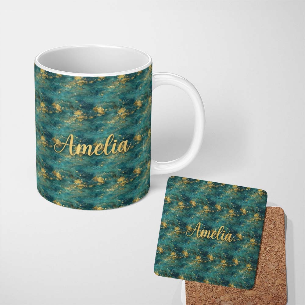 Personalized Custom Name Teal Gold Abstract Texture Seamless Pattern Luxury Artistic 11oz Ceramic Coffee Tea Mug White Large Handle