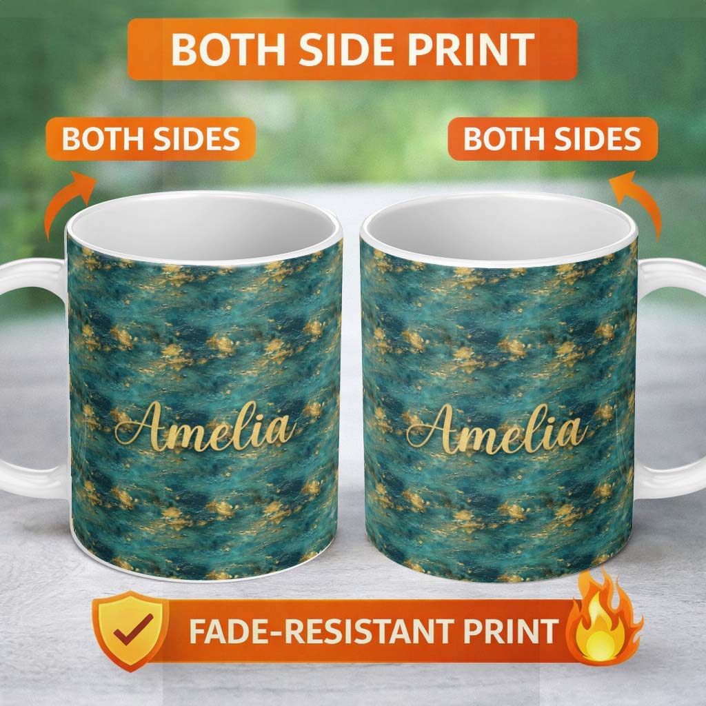 Personalized Custom Name Teal Gold Abstract Texture Seamless Pattern Luxury Artistic 11oz Ceramic Coffee Tea Mug White Large Handle