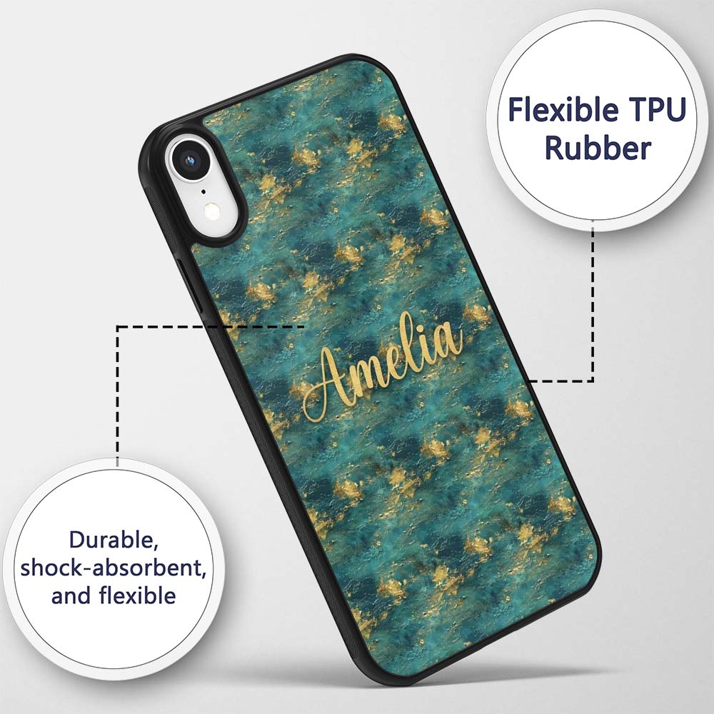 Teal Gold Abstract Texture Decorative Design Custom Name Protective Phone Case Mobile Cover Durable Everyday Smartphone Shock Resistant