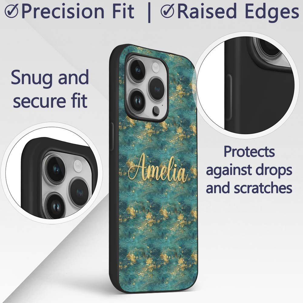 Teal Gold Abstract Texture Decorative Design Custom Name Protective Phone Case Mobile Cover Durable Everyday Smartphone Shock Resistant