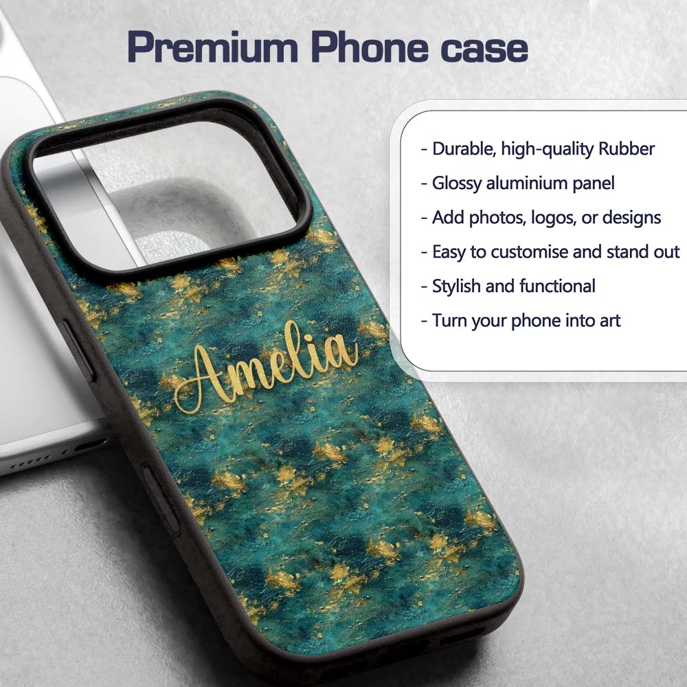 Teal Gold Abstract Texture Decorative Design Custom Name Protective Phone Case Mobile Cover Durable Everyday Smartphone Shock Resistant
