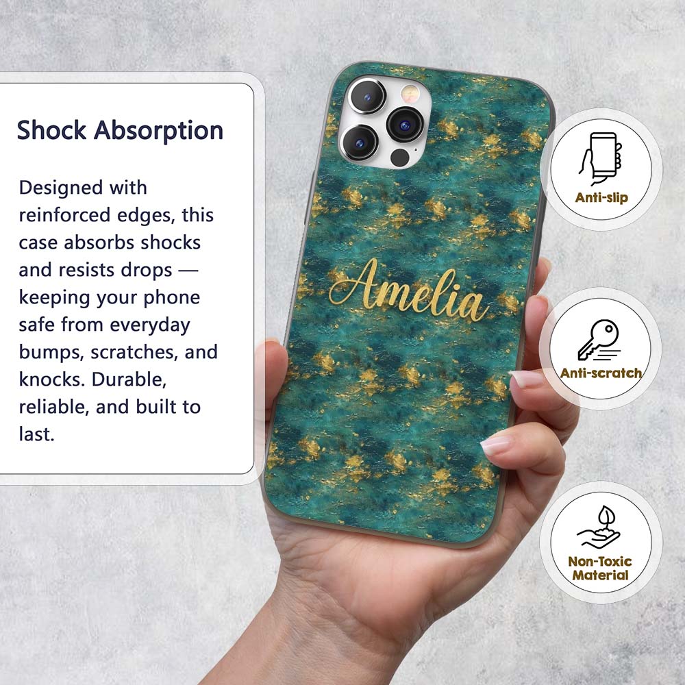 Teal Gold Abstract Texture Decorative Design Custom Name Protective Phone Case Mobile Cover Durable Everyday Smartphone Shock Resistant