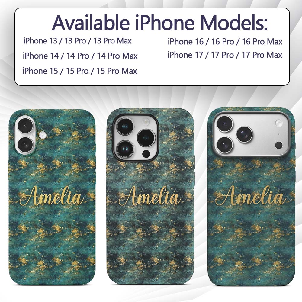 Teal Gold Abstract Texture Decorative Design Custom Name Protective Phone Case Mobile Cover Durable Everyday Smartphone Shock Resistant