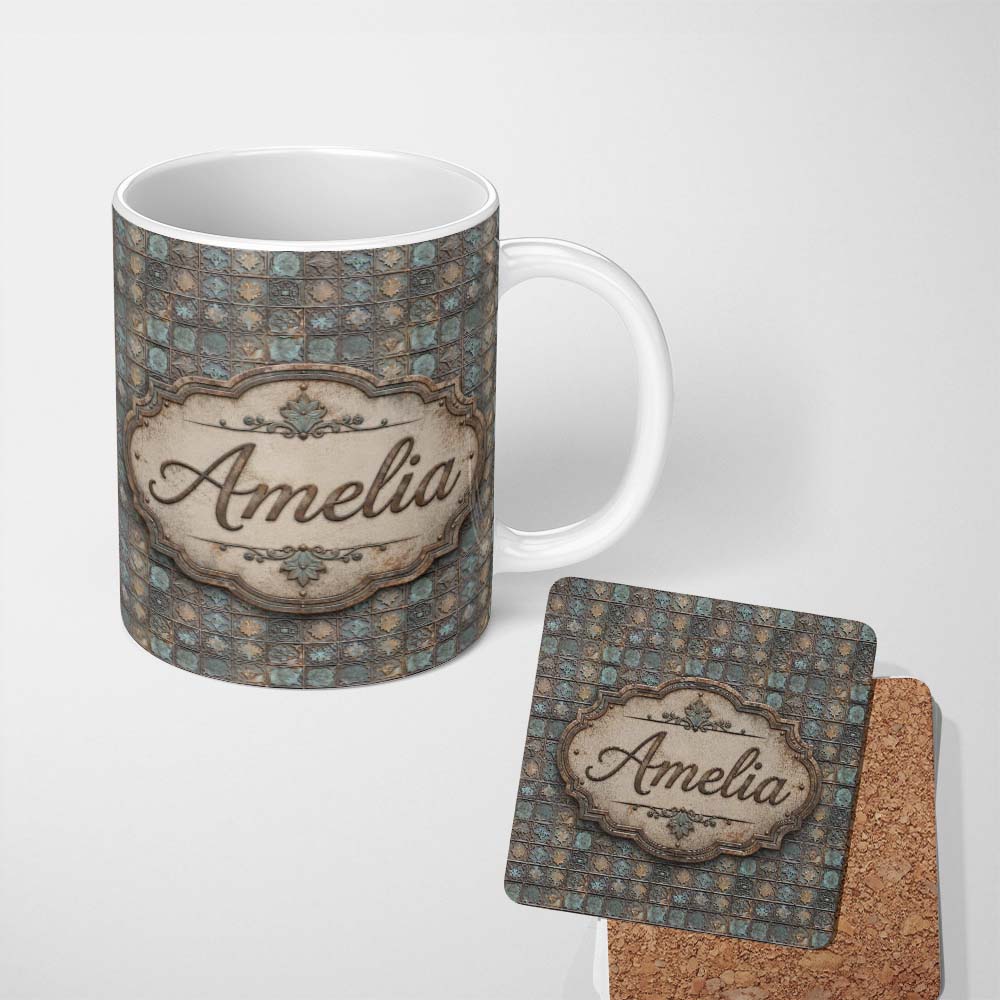 Personalized Custom Name Vintage Ornamental Metal Tile Seamless Pattern Antique Floral Grid 11oz Ceramic Coffee Tea Mug White Large Handle