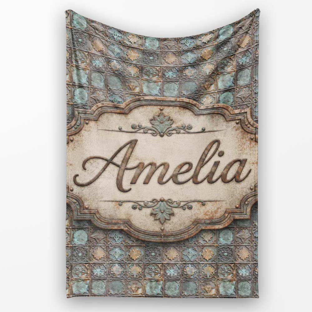 Vintage Ornamental Metal Tile Seamless Pattern Antique Floral Grid Personalised Custom Name Super Soft Fleece Blanket Bed Sofa Throw