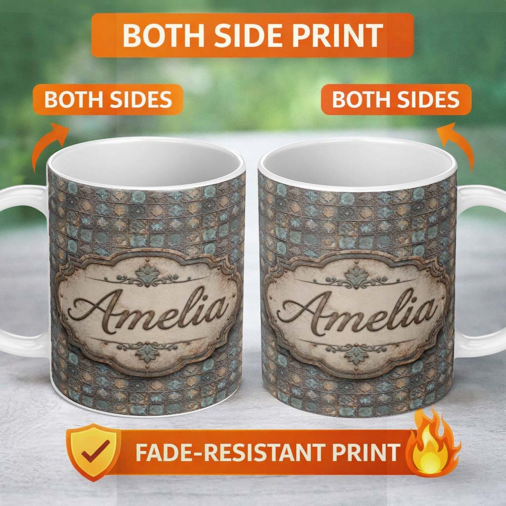 Personalized Custom Name Vintage Ornamental Metal Tile Seamless Pattern Antique Floral Grid 11oz Ceramic Coffee Tea Mug White Large Handle
