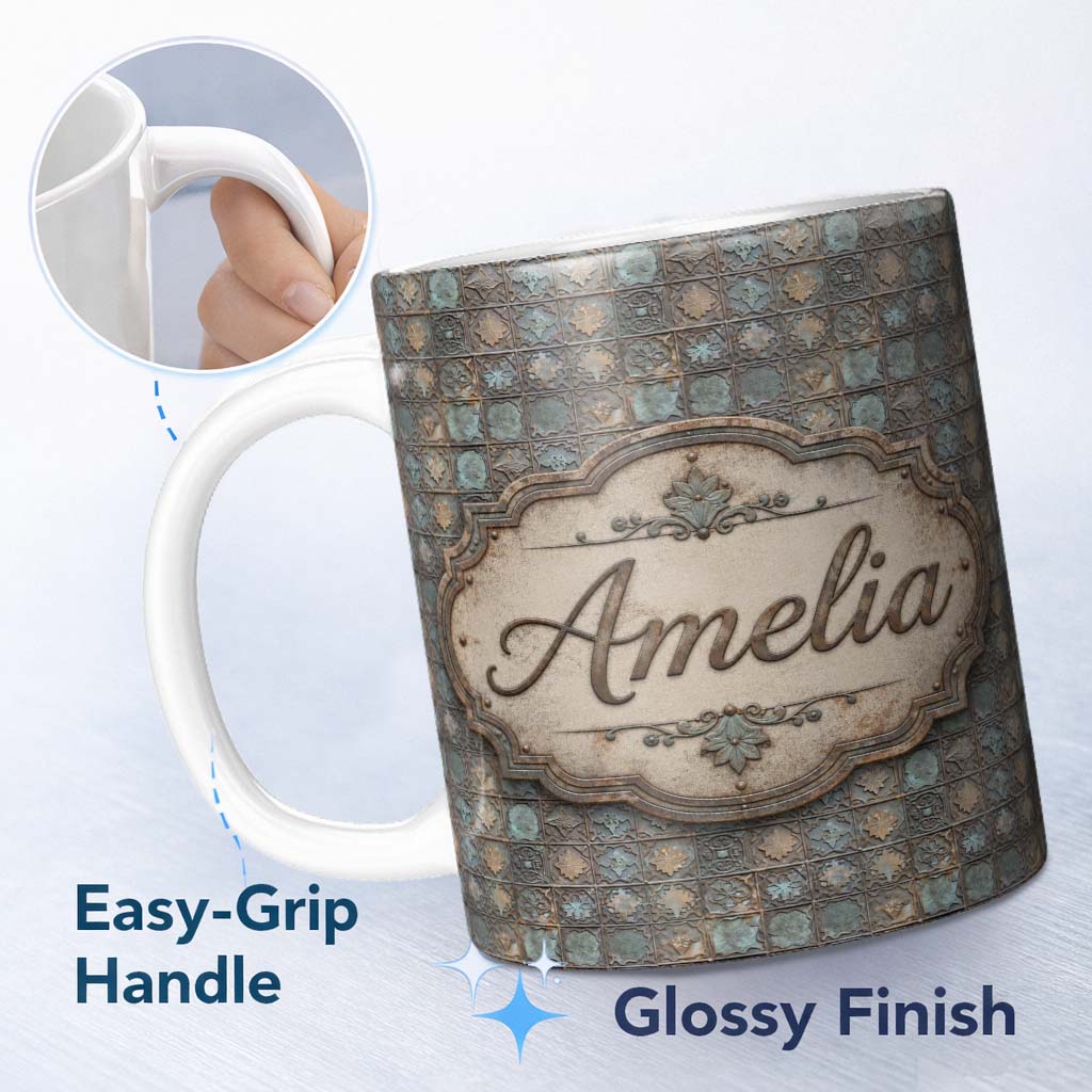 Personalized Custom Name Vintage Ornamental Metal Tile Seamless Pattern Antique Floral Grid 11oz Ceramic Coffee Tea Mug White Large Handle