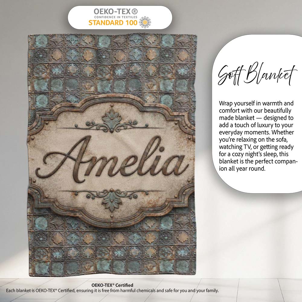 Vintage Ornamental Metal Tile Seamless Pattern Antique Floral Grid Personalised Custom Name Super Soft Fleece Blanket Bed Sofa Throw