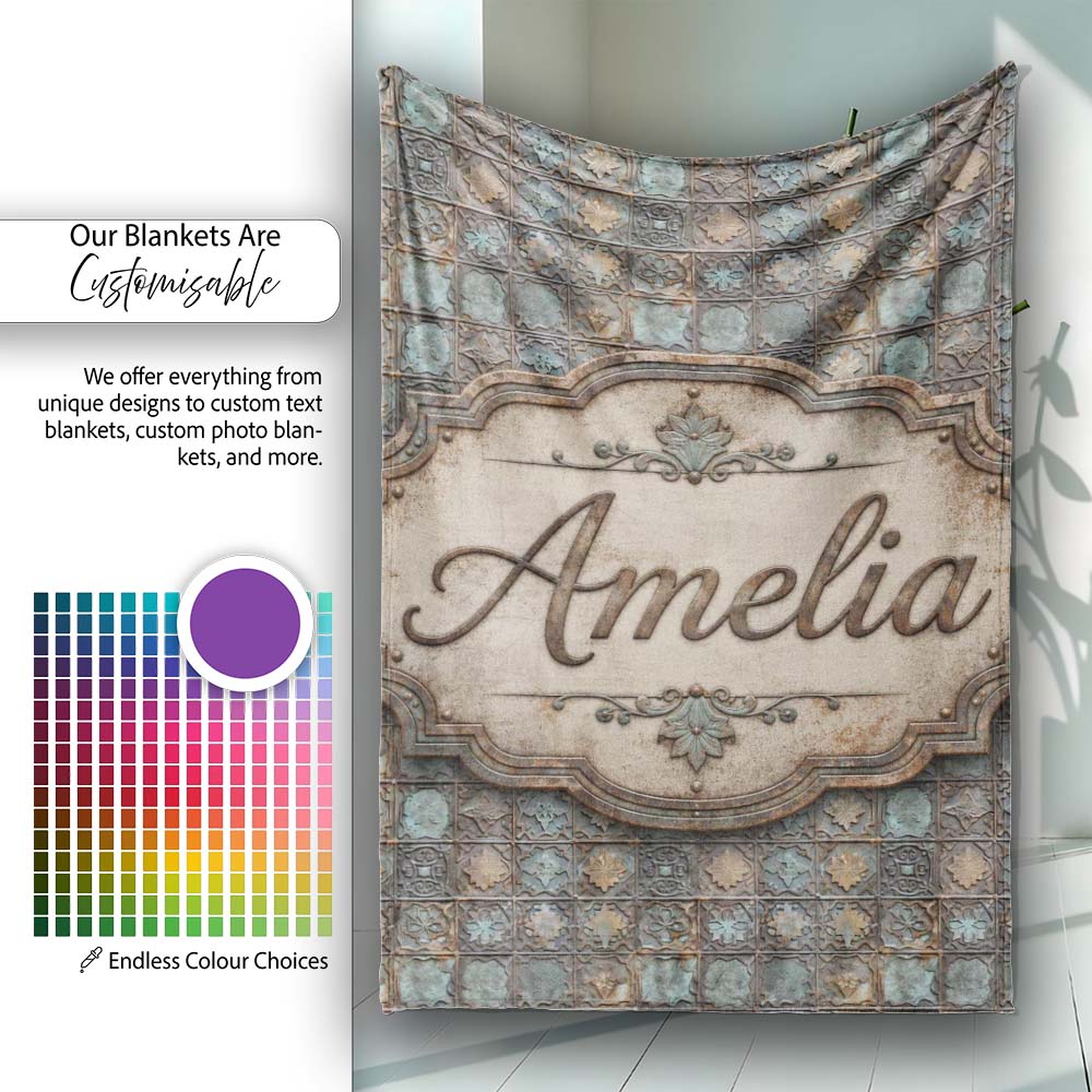 Vintage Ornamental Metal Tile Seamless Pattern Antique Floral Grid Personalised Custom Name Super Soft Fleece Blanket Bed Sofa Throw