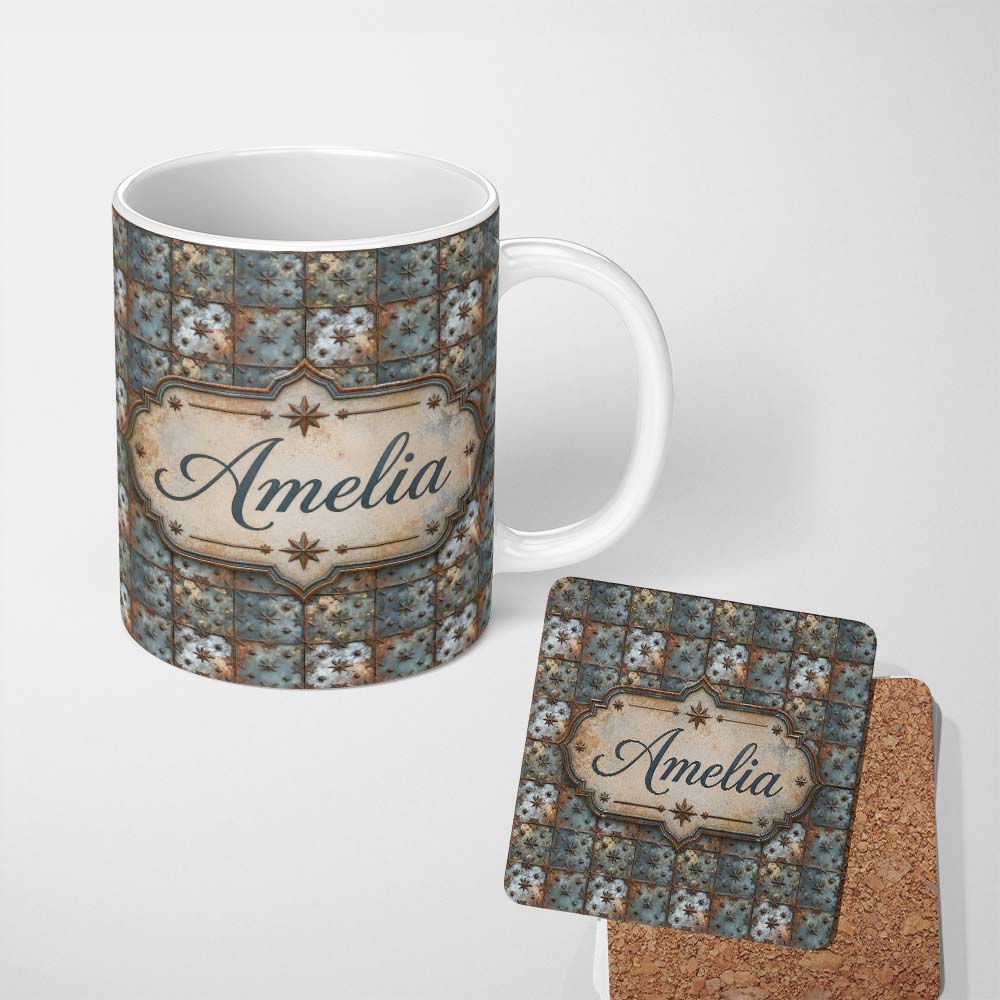 Personalized Custom Name Star Embossed Metal Tile Seamless Pattern Rustic Industrial 11oz Ceramic Coffee Tea Mug White Large Handle