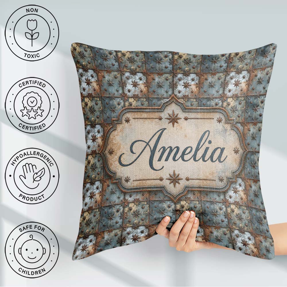 Custom Name Star Embossed Metal Tile Seamless Pattern Industrial Square Filled Cushion Throw Pillow Sofa Bed Home Decor Zip Washable UK Made