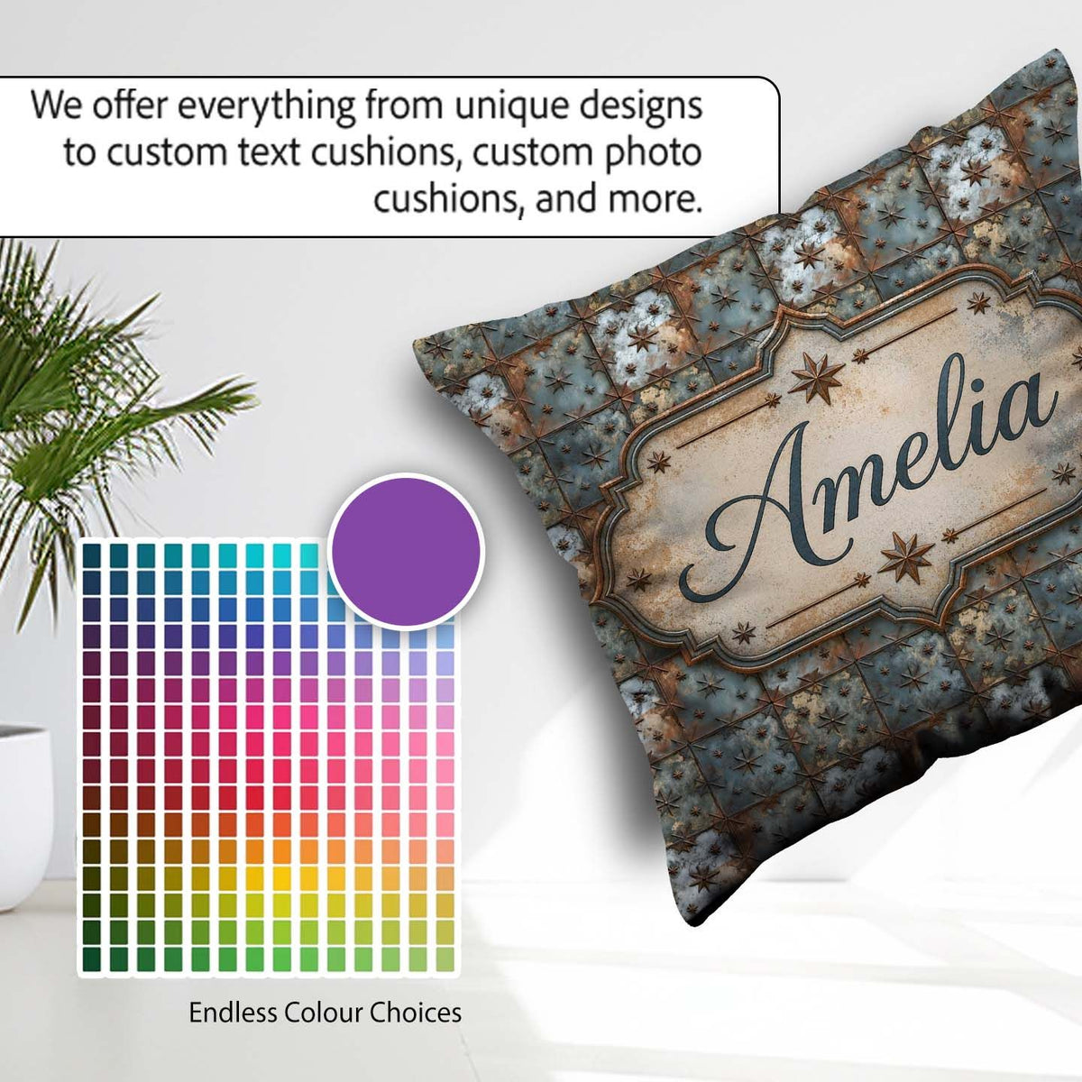 Custom Name Star Embossed Metal Tile Seamless Pattern Industrial Square Filled Cushion Throw Pillow Sofa Bed Home Decor Zip Washable UK Made
