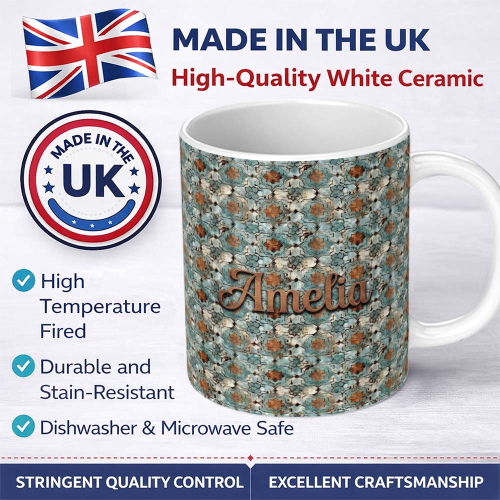 Personalized Custom Name Vintage Blue Floral Tile Seamless Pattern Distressed Ornamental 11oz Ceramic Coffee Tea Mug White Large Handle