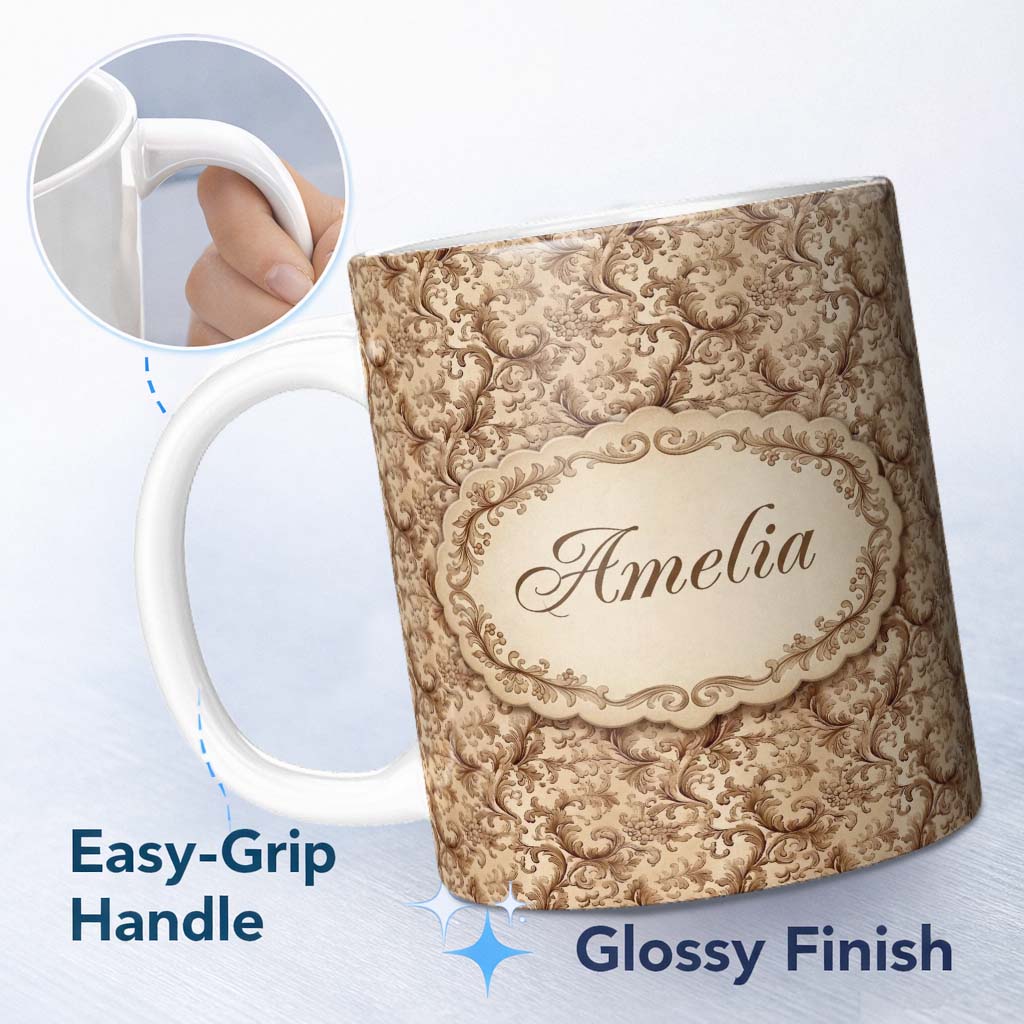 Personalized Custom Name Classic Beige Floral Damask Seamless Pattern Elegant Vintage Design 11oz Ceramic Coffee Tea Mug White Large Handle