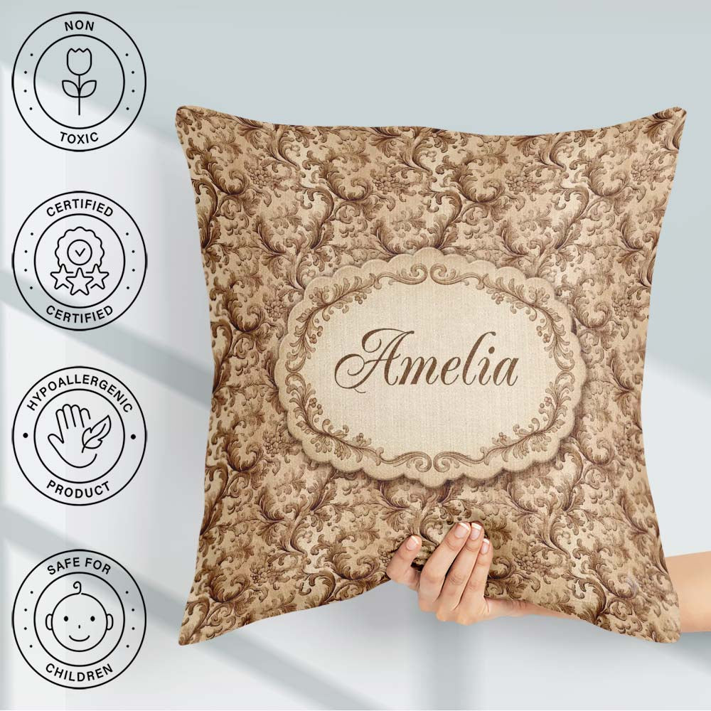 Custom Name Classic Beige Floral Damask Seamless Pattern Elegant Square Filled Cushion Throw Pillow Sofa Bed Home Decor Zip Washable UK Made