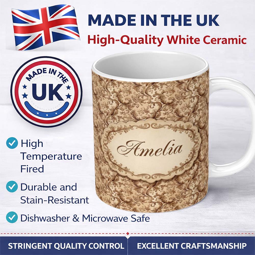 Personalized Custom Name Classic Beige Floral Damask Seamless Pattern Elegant Vintage Design 11oz Ceramic Coffee Tea Mug White Large Handle