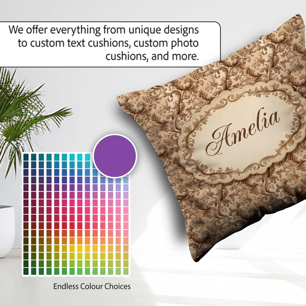 Custom Name Classic Beige Floral Damask Seamless Pattern Elegant Square Filled Cushion Throw Pillow Sofa Bed Home Decor Zip Washable UK Made
