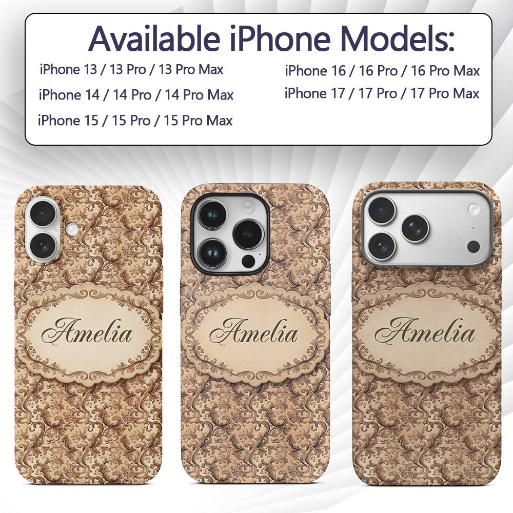 Classic Beige Floral Damask Seamless Pattern Custom Name Protective Phone Case Mobile Cover Durable Everyday Smartphone Shock Resistant