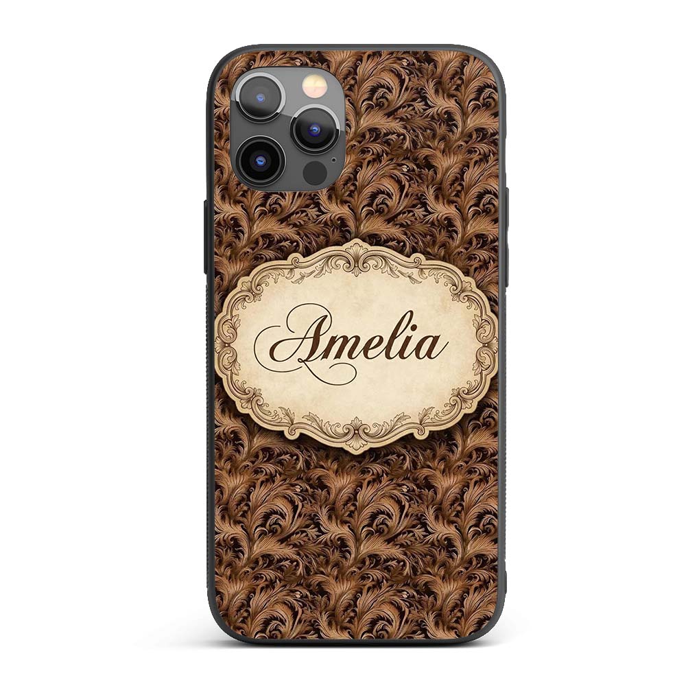 Dark Brown Ornate Damask Seamless Pattern Luxury Custom Name Protective Phone Case Mobile Cover Durable Everyday Smartphone Shock Resistant