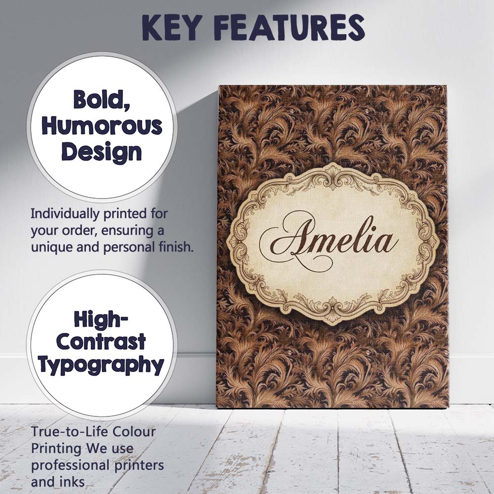 Personalised Name Dark Brown Ornate Damask Custom Unique Gift Idea Elegant Feature Canvas Wall Art Print Decor Picture Ready to Hang