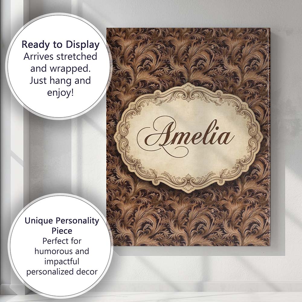 Personalised Name Dark Brown Ornate Damask Custom Unique Gift Idea Elegant Feature Canvas Wall Art Print Decor Picture Ready to Hang