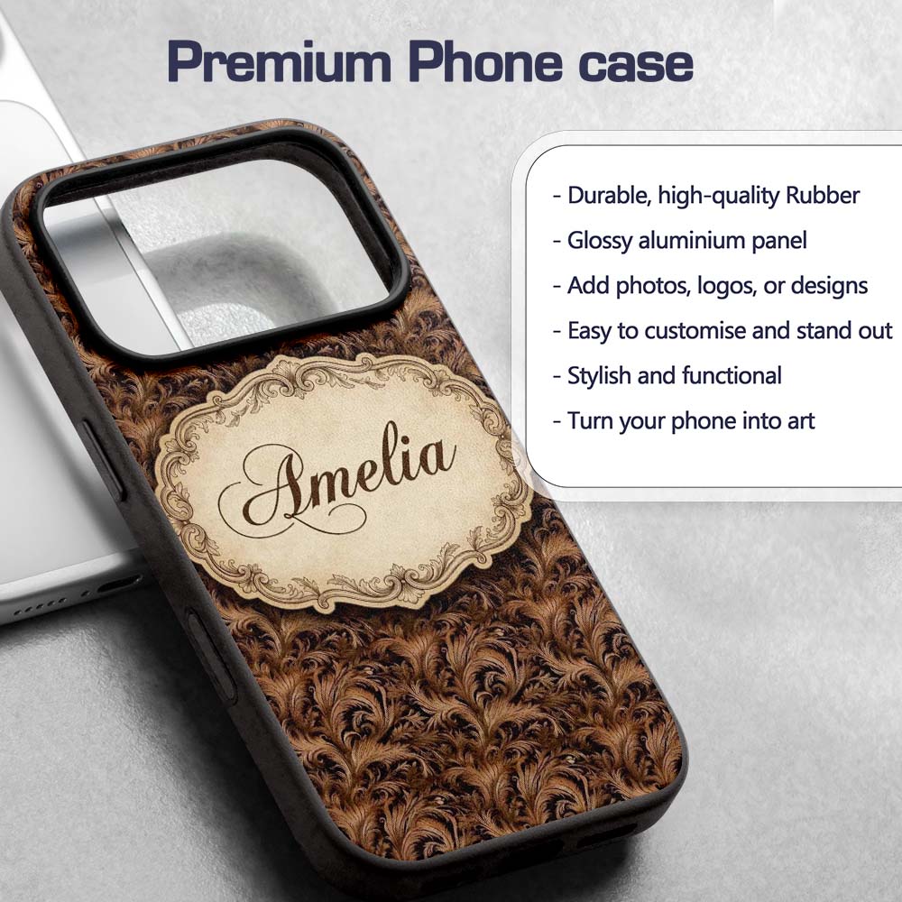 Dark Brown Ornate Damask Seamless Pattern Luxury Custom Name Protective Phone Case Mobile Cover Durable Everyday Smartphone Shock Resistant