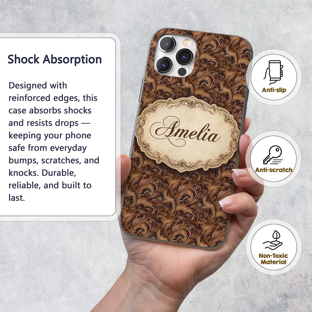 Dark Brown Ornate Damask Seamless Pattern Luxury Custom Name Protective Phone Case Mobile Cover Durable Everyday Smartphone Shock Resistant