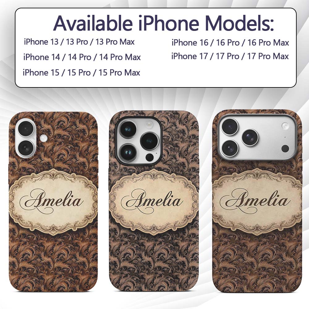 Dark Brown Ornate Damask Seamless Pattern Luxury Custom Name Protective Phone Case Mobile Cover Durable Everyday Smartphone Shock Resistant