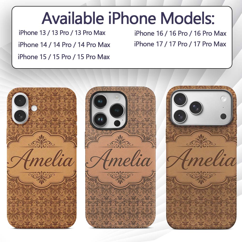 Classic Brown Damask Ornamental Seamless Pattern Custom Name Protective Phone Case Mobile Cover Durable Everyday Smartphone Shock Resistant