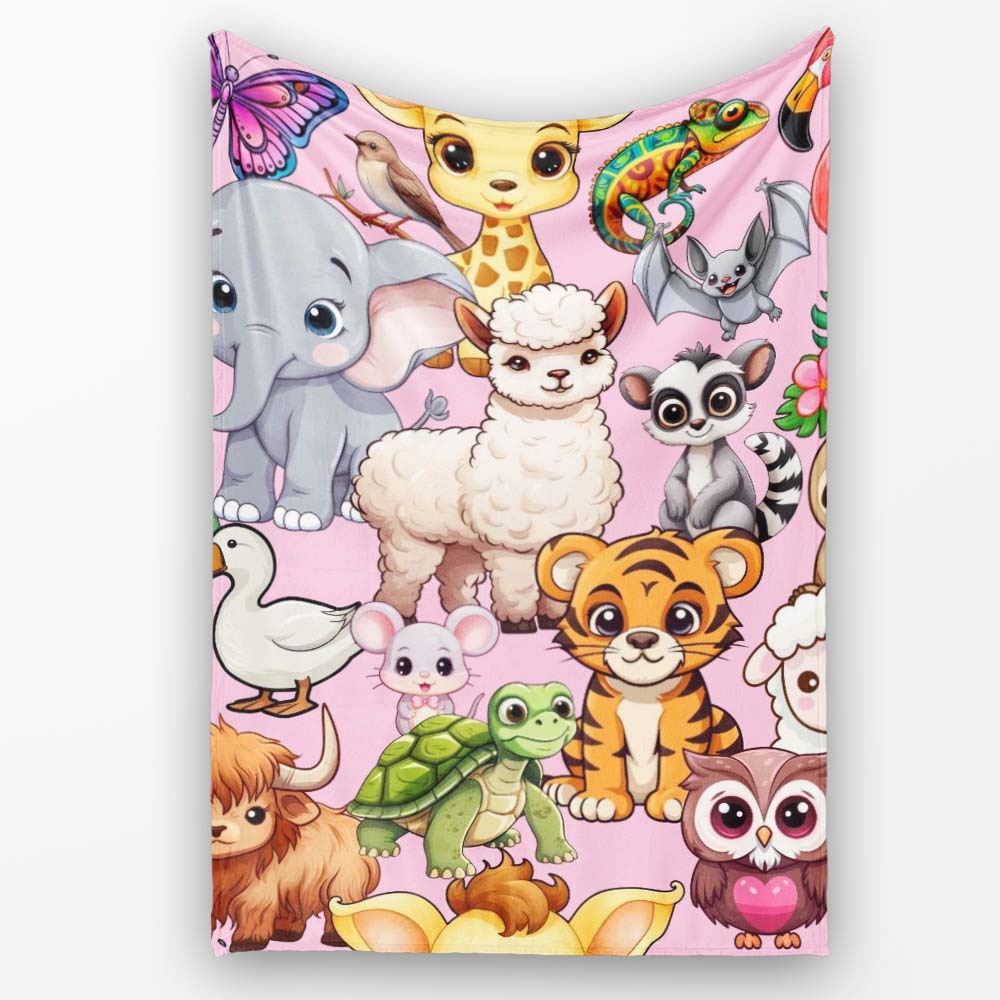 Cute Cartoon Jungle Safari Animals Seamless Pattern on Light Pink Personalised Custom Name Super Soft Fleece Blanket Bed Sofa Throw