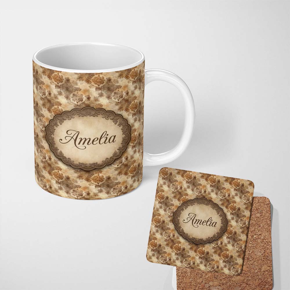 Personalized Custom Name Warm Brown Vintage Floral Seamless Pattern Classic Botanical 11oz Ceramic Coffee Tea Mug White Large Handle
