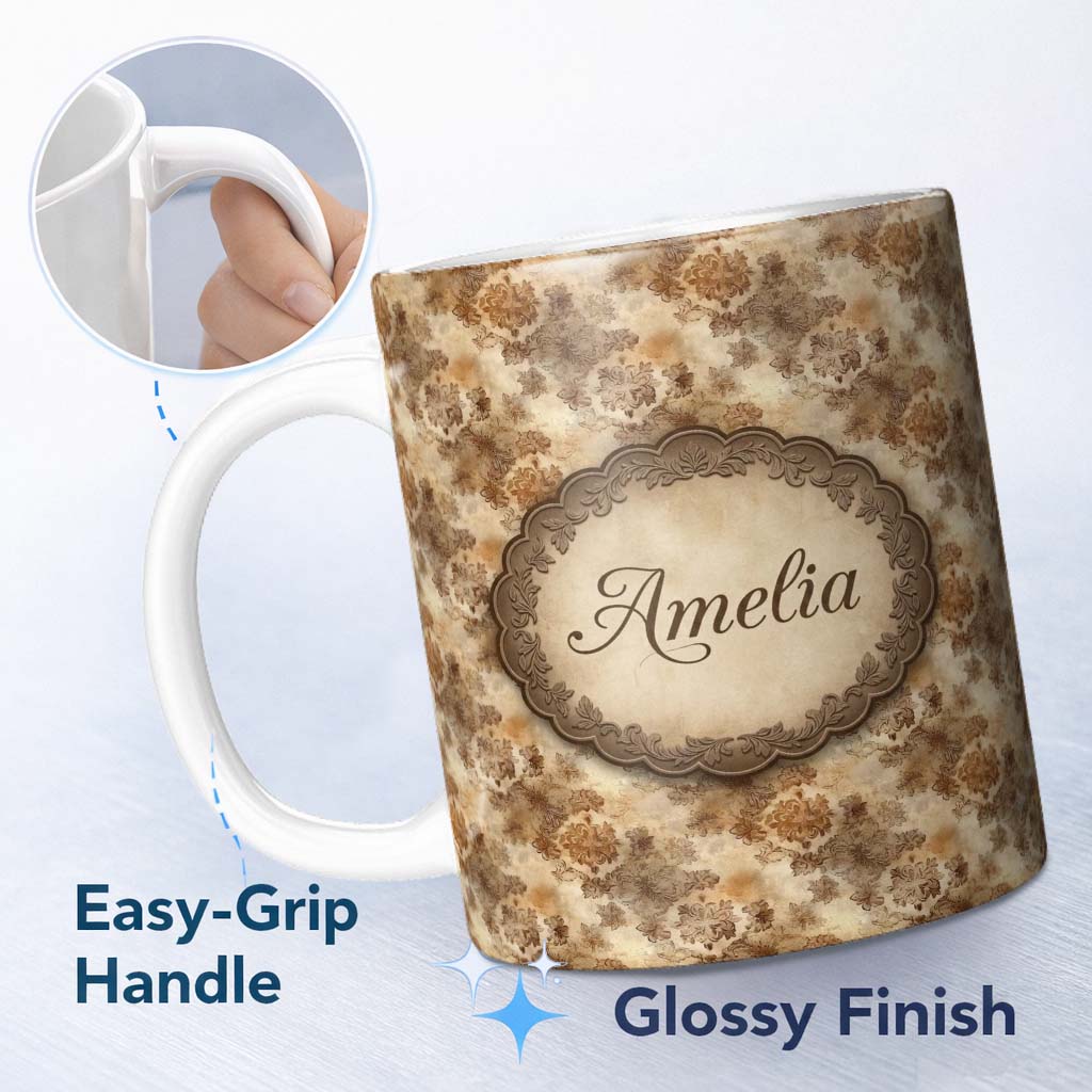 Personalized Custom Name Warm Brown Vintage Floral Seamless Pattern Classic Botanical 11oz Ceramic Coffee Tea Mug White Large Handle