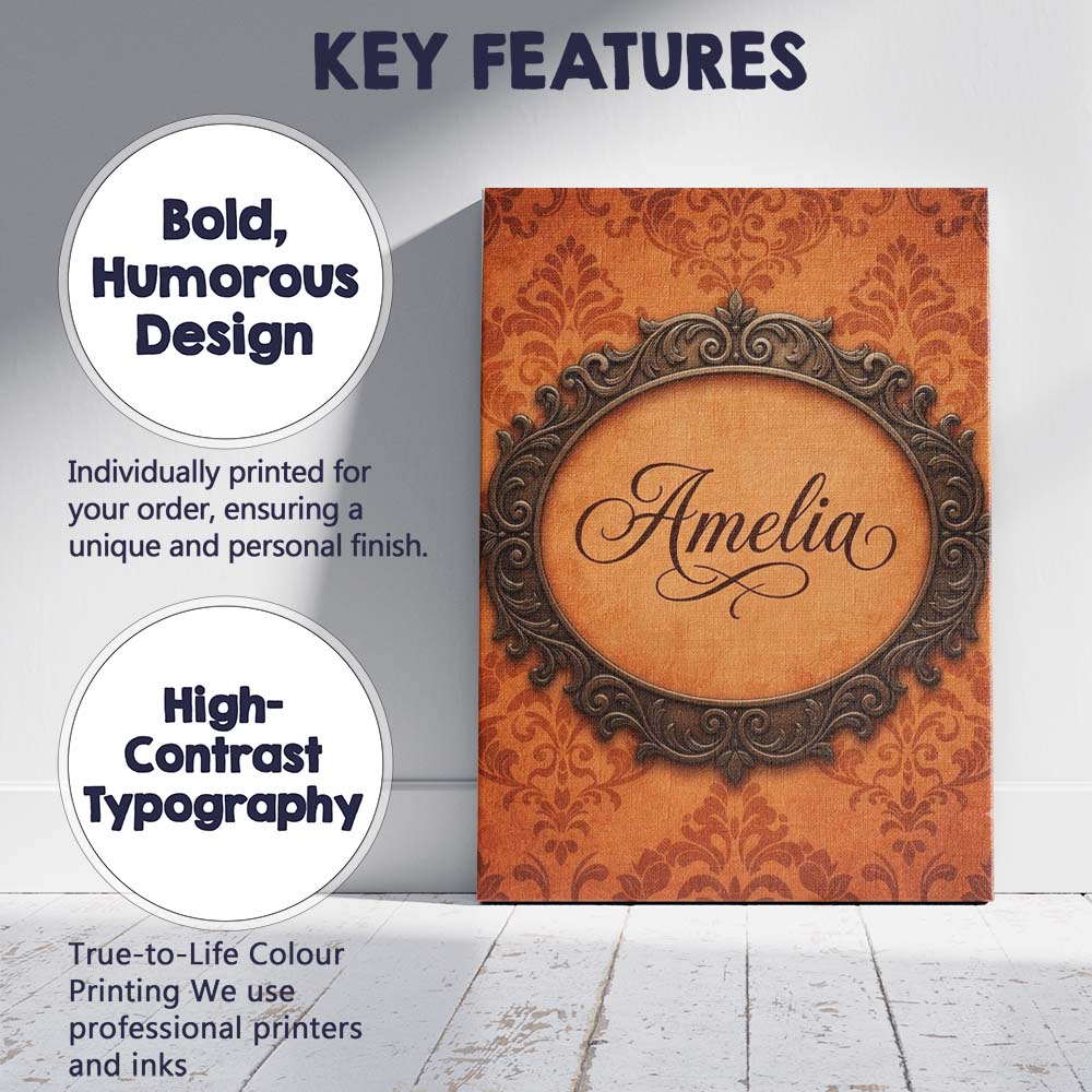 Personalised Name Rust Orange Damask Custom Premium Decorative Design Modern Room Accent Canvas Wall Art Print Decor Picture Ready to Hang