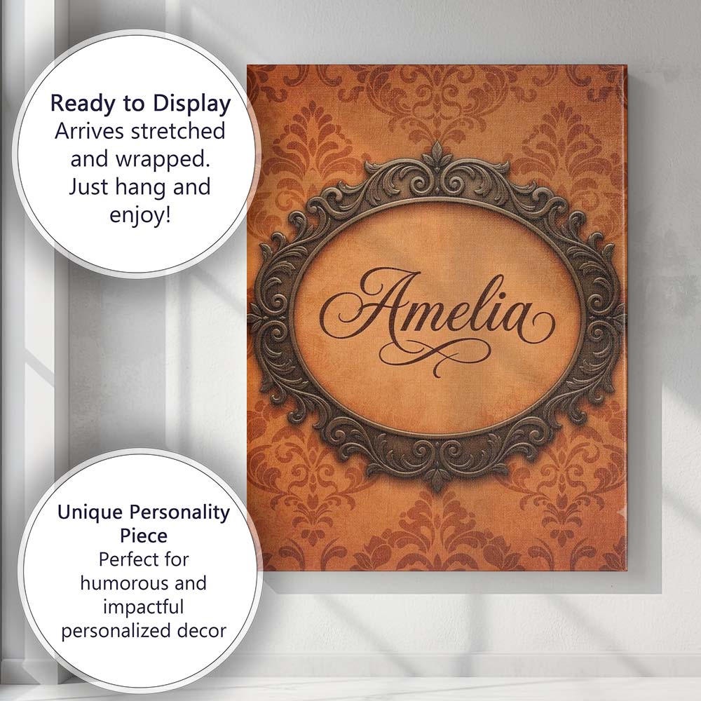 Personalised Name Rust Orange Damask Custom Premium Decorative Design Modern Room Accent Canvas Wall Art Print Decor Picture Ready to Hang