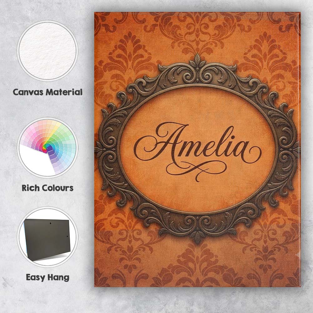 Personalised Name Rust Orange Damask Custom Premium Decorative Design Modern Room Accent Canvas Wall Art Print Decor Picture Ready to Hang