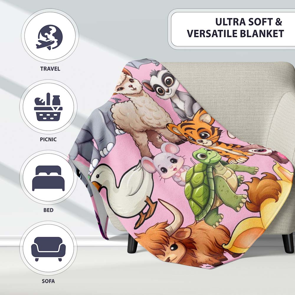 Cute Cartoon Jungle Safari Animals Seamless Pattern on Light Pink Personalised Custom Name Super Soft Fleece Blanket Bed Sofa Throw