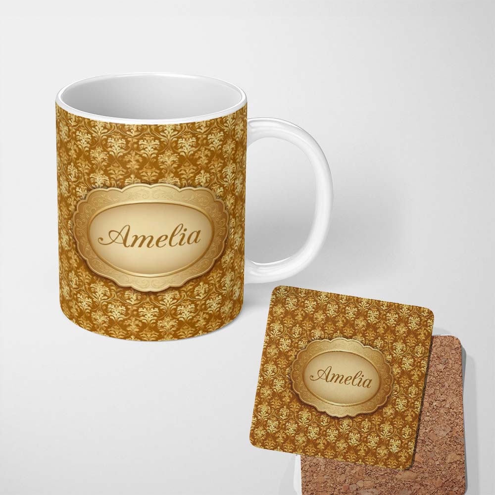 Personalized Custom Name Golden Ornate Damask Seamless Pattern Luxury Vintage Floral Design 11oz Ceramic Coffee Tea Mug White Large Handle