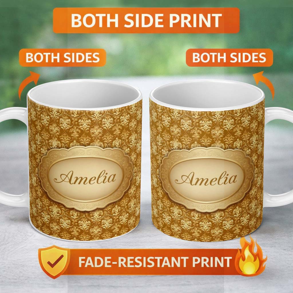 Personalized Custom Name Golden Ornate Damask Seamless Pattern Luxury Vintage Floral Design 11oz Ceramic Coffee Tea Mug White Large Handle