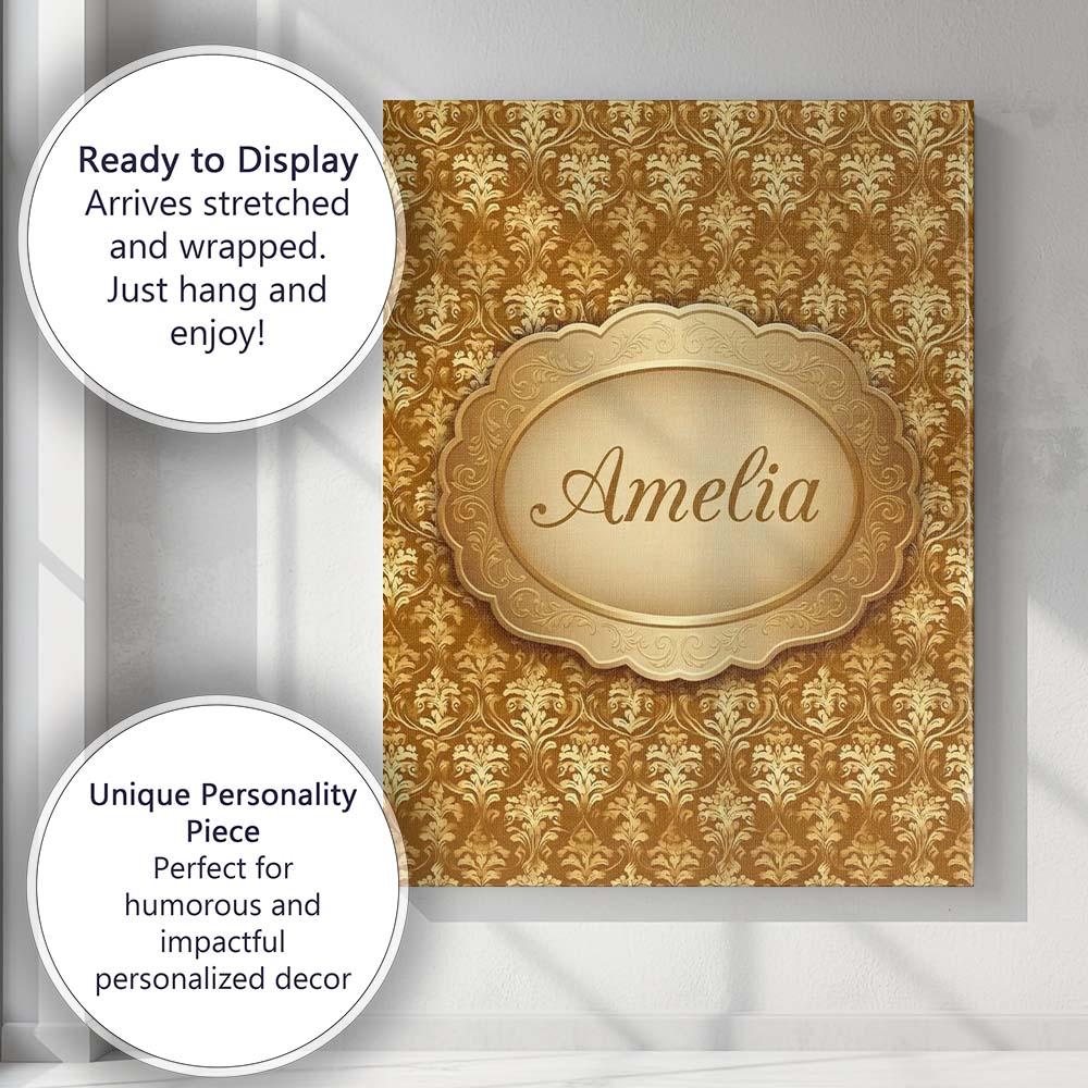 Personalised Name Golden Ornate Damask Custom Modern Room Accent Elegant Feature Canvas Wall Art Print Decor Picture Ready to Hang
