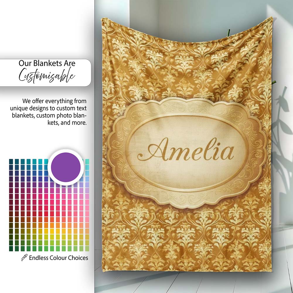 Golden Ornate Damask Seamless Pattern Luxury Vintage Floral Design Personalised Custom Name Super Soft Fleece Blanket Bed Sofa Throw