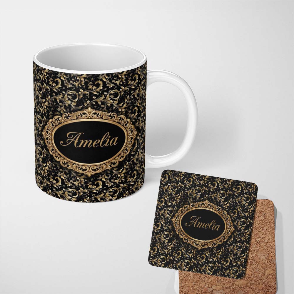 Personalized Custom Name Black Gold Baroque Floral Seamless Pattern Luxury Ornamental Design 11oz Ceramic Coffee Tea Mug White Large Handle