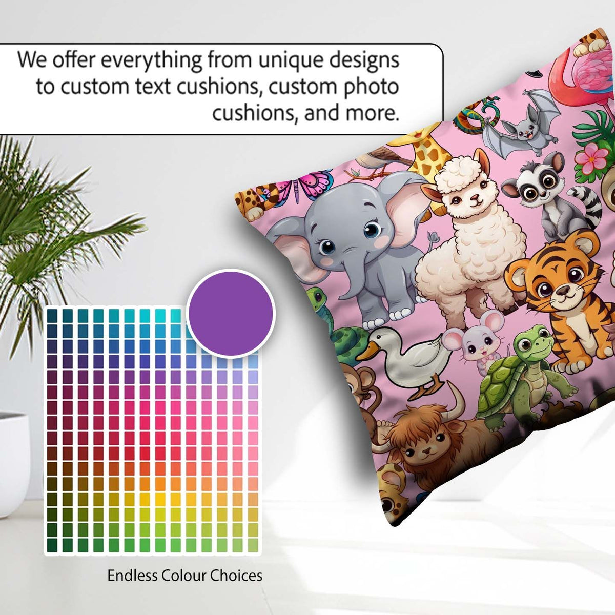 Custom Name Cartoon Jungle Safari Animals Seamless on Light Pink Square Filled Cushion Throw Pillow Sofa Bed Home Decor Zip Washable UK Made