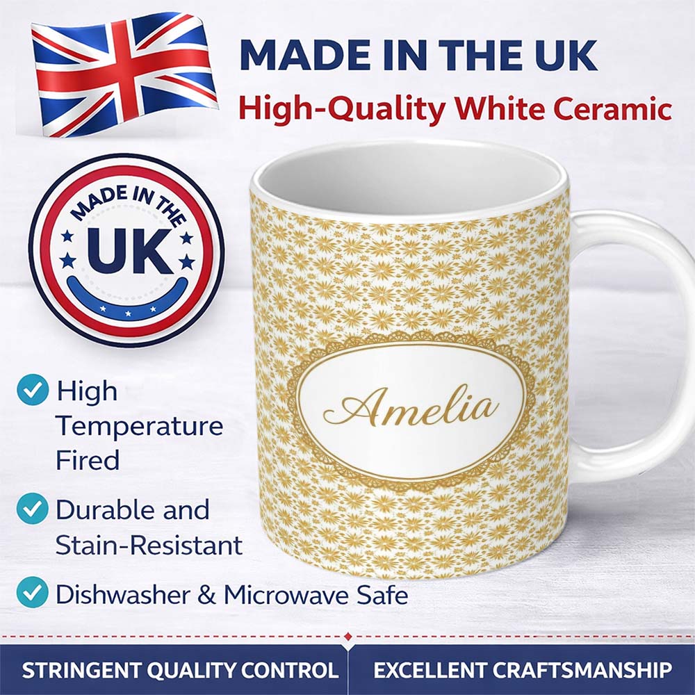 Personalized Custom Name Golden Starburst Floral Seamless Pattern Elegant Geometric 11oz Ceramic Coffee Tea Mug White Large Handle